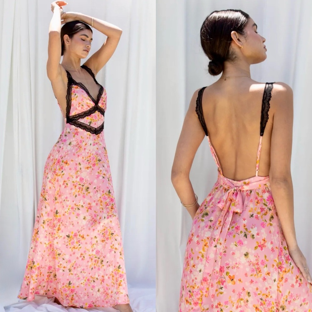 NWT Revolve Resa Selena Maxi Dress in Jasmine Floral Black Lace Trim Backless L
